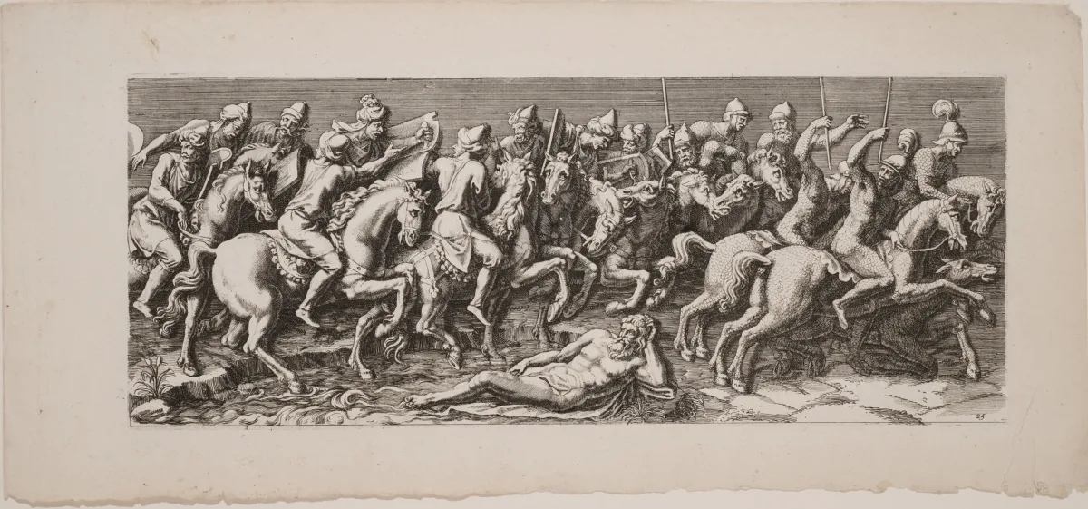 A black-and-white, horizontal print depicts multiple Roman-style male figures on horseback. They hold weapons or brass musical instruments and process, somewhat chaotically, towards the viewer's right.