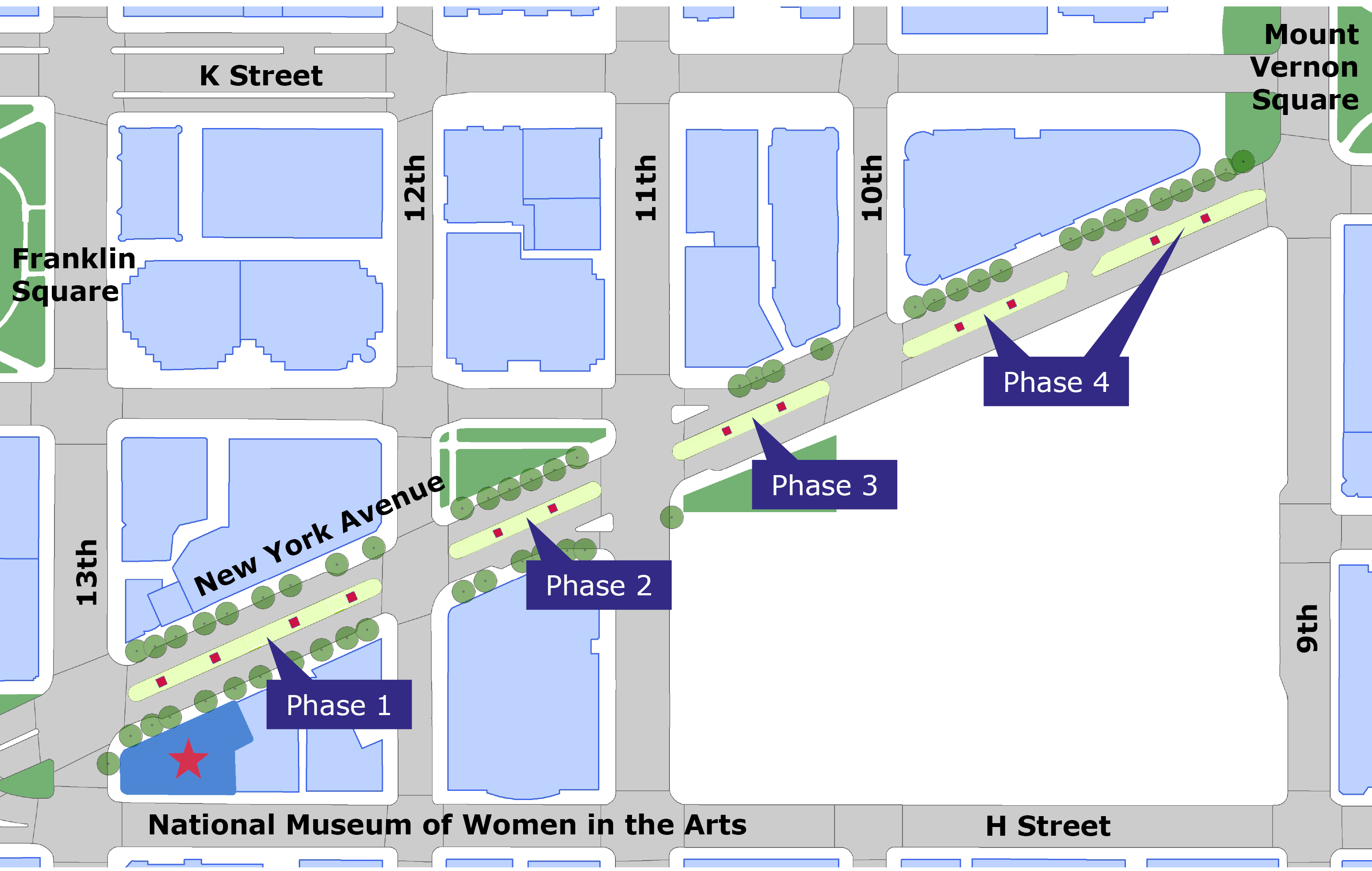 A map of New York Avenue pointing out where the sculptures will be located.