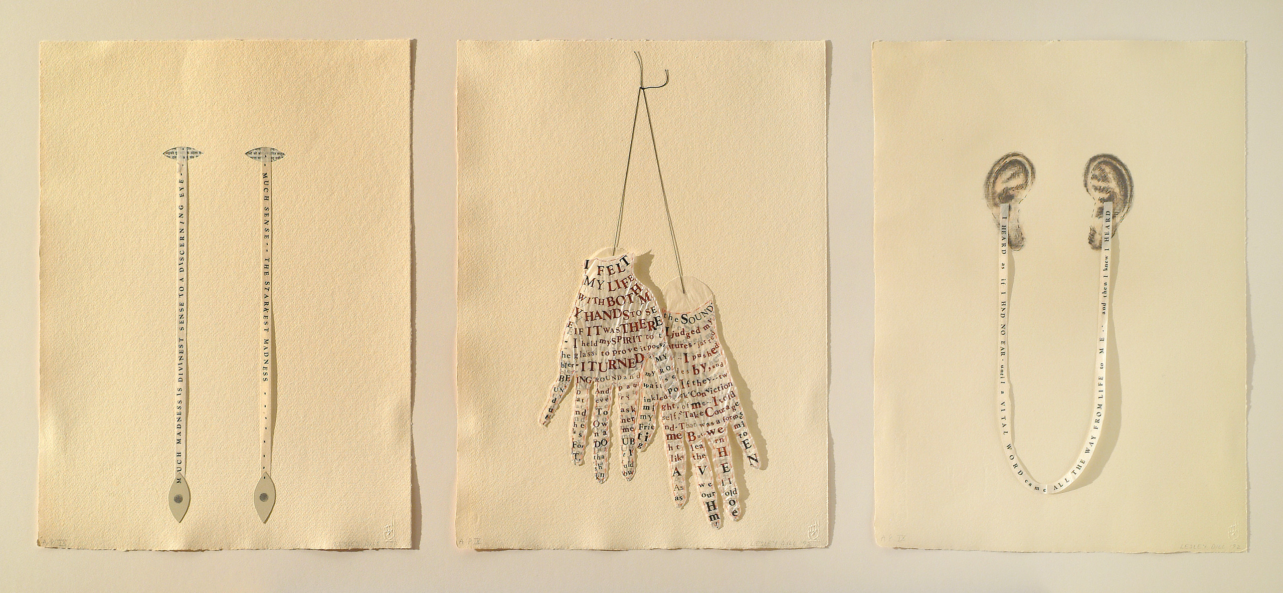 Three side-by-side works on vanilla-colored paper features eyes, hands and ears with words printed on them.