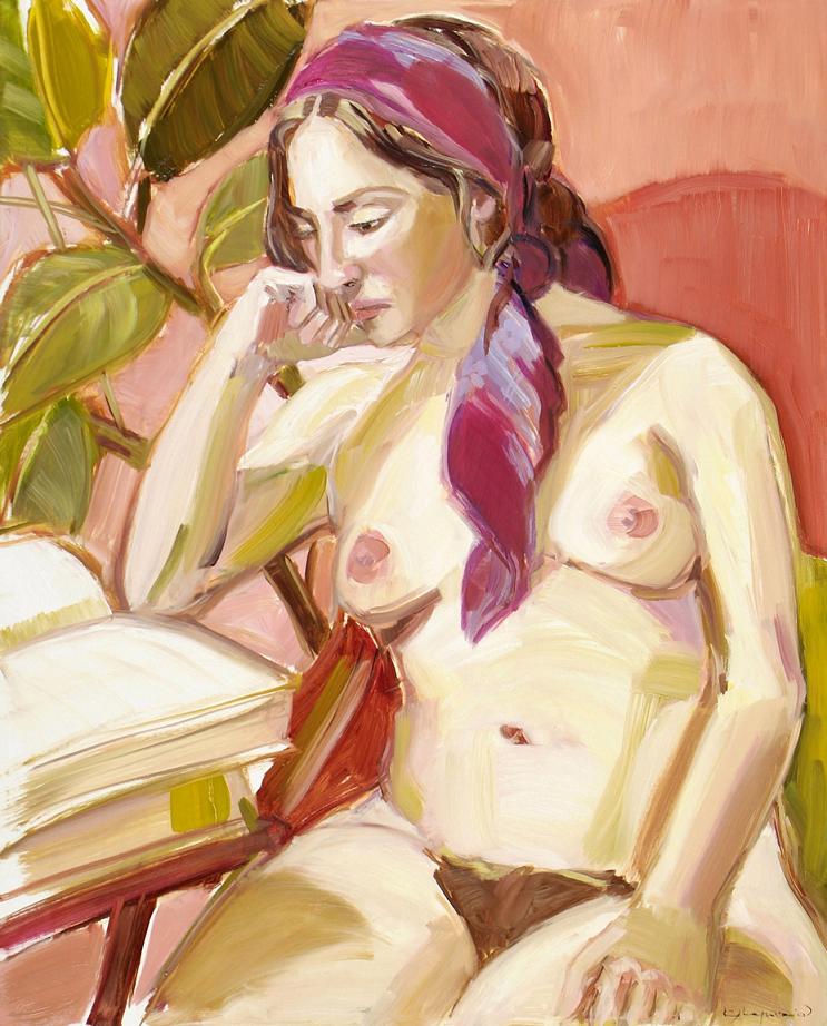 A nude woman sitting reading a book.
