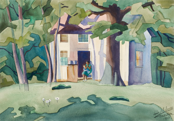 Nestled within a forest is a white, two story house with a dark brown roof. A person wearing a green dress, which matches the grass and the leaves in the trees, is sitting on the porch with a child in their lap.