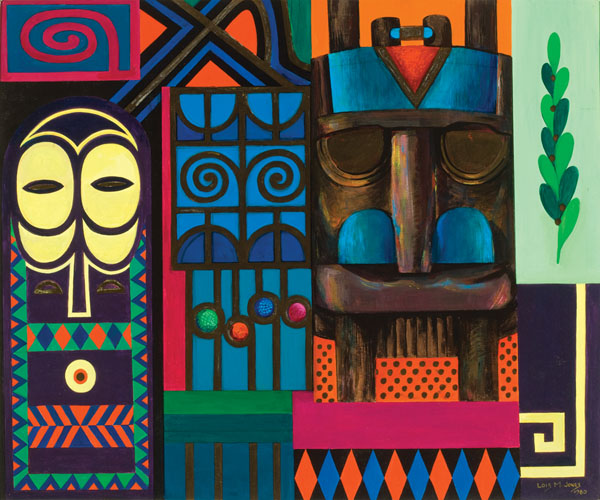 A colorful composition made up of different patterns and textiles. On the center-right is a carved wooden mask accented with shades of blue.