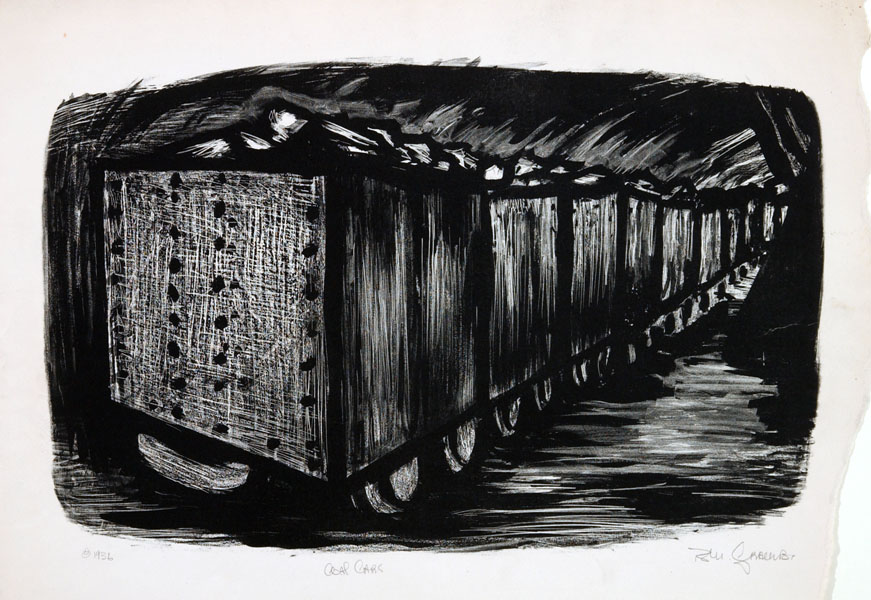 Etching of coal carts going through a tunnel.