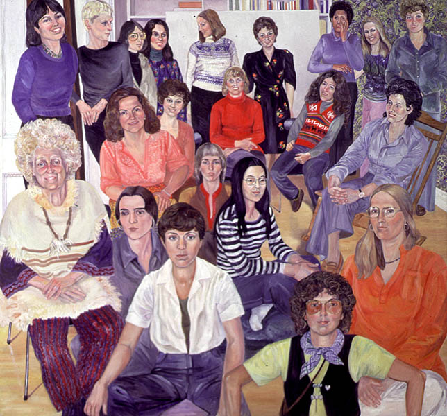 A room is full of various shapes, sizes, and colors of women. Most look at the viewer. Some are sitting on the floor, some are sitting in a chair, and some stand against the wall. 