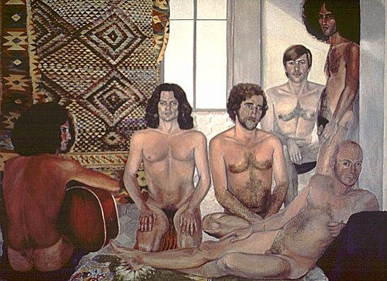 Six men sit naked in a room. Five of them look at the viewer and one of them has his back to the viewer and is holding a guitar.