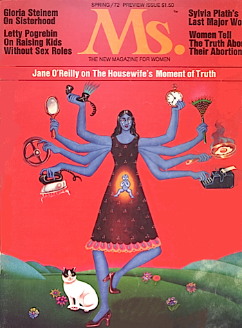 Magazine cover in red featuring an illustration of a woman with a blue skin tone and several arms.