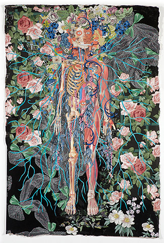 Illustration showing a skeleton surrounded by flowers.
