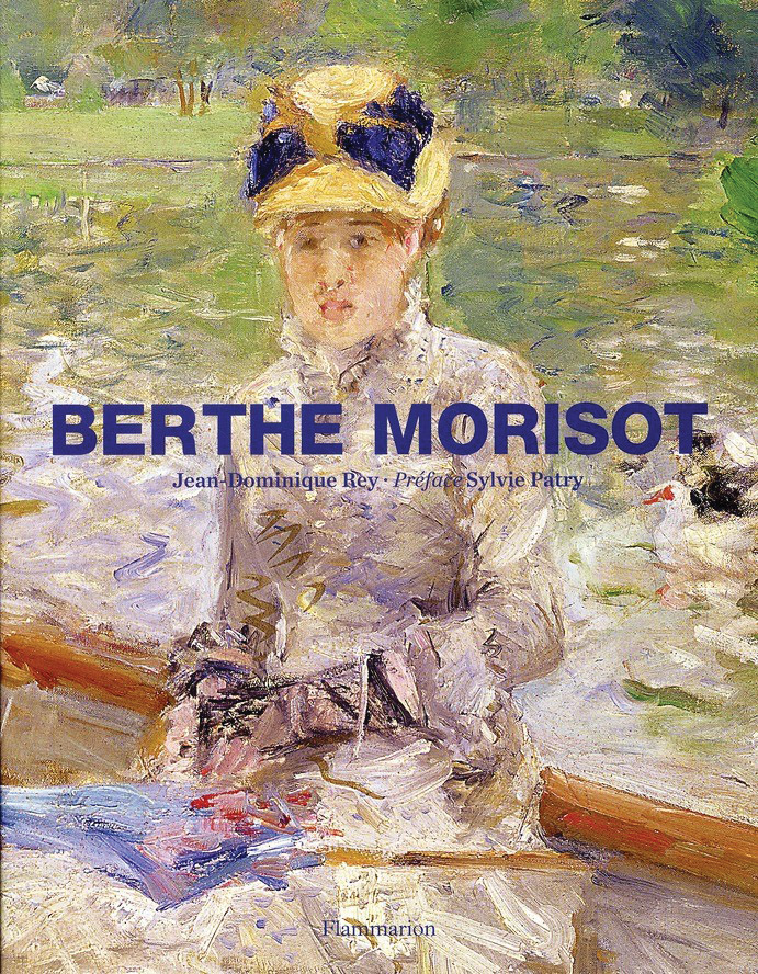 A woman with a hat is sitting on a boat. The impressionist painting is the cover of a book titled "Berthe Morisot."