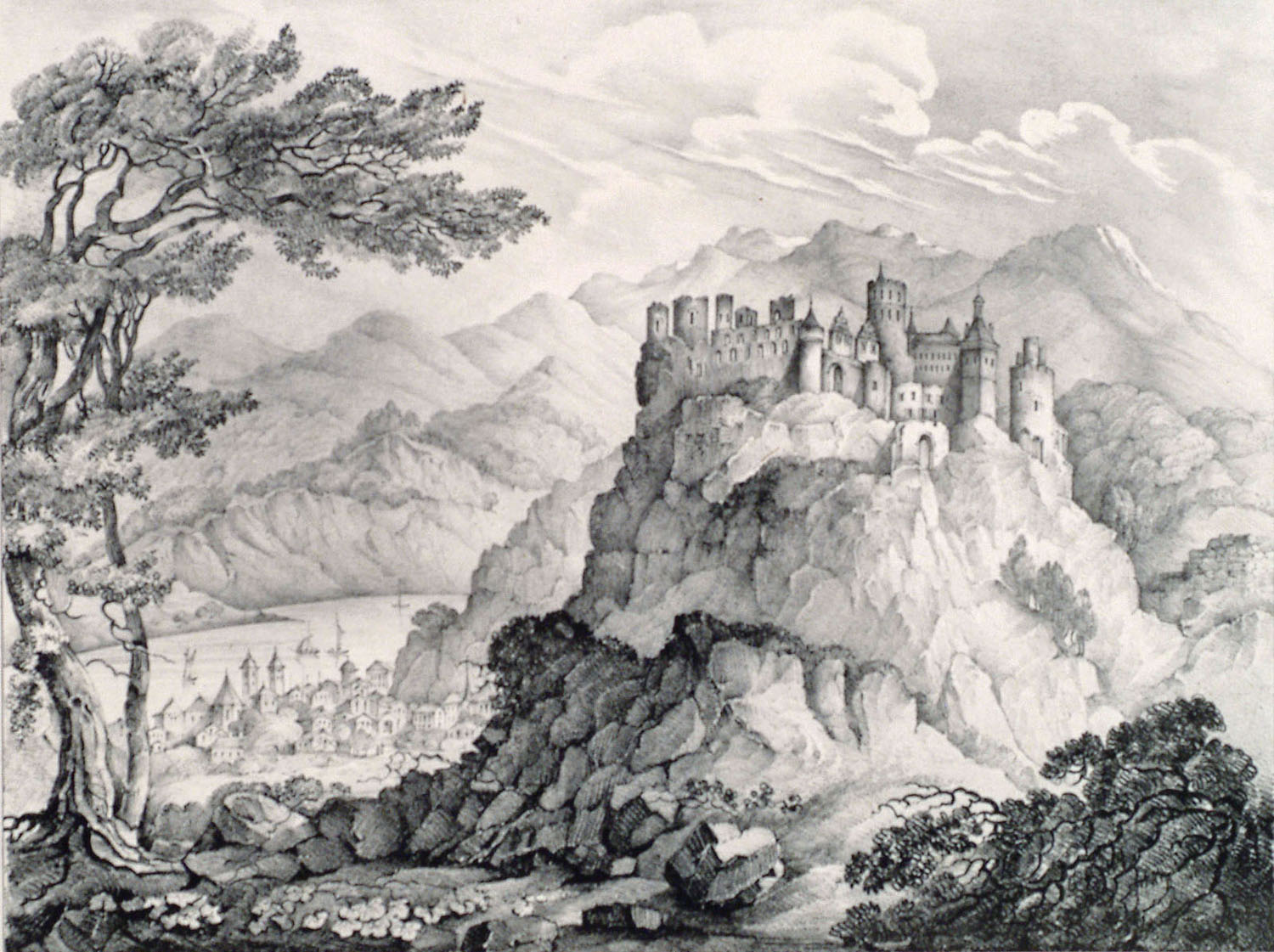 An etching of a castle on a mountain before clouds and more mountains.