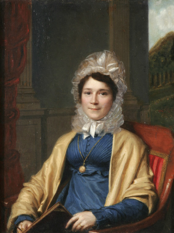 Portrait of a woman with a white bonnet wearing a blue dress.