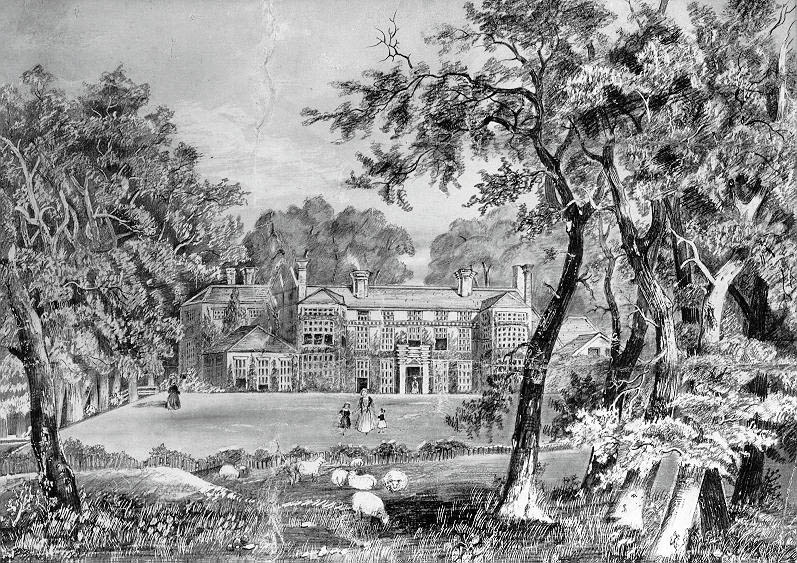 An etching of a house amidst a large garden and trees.