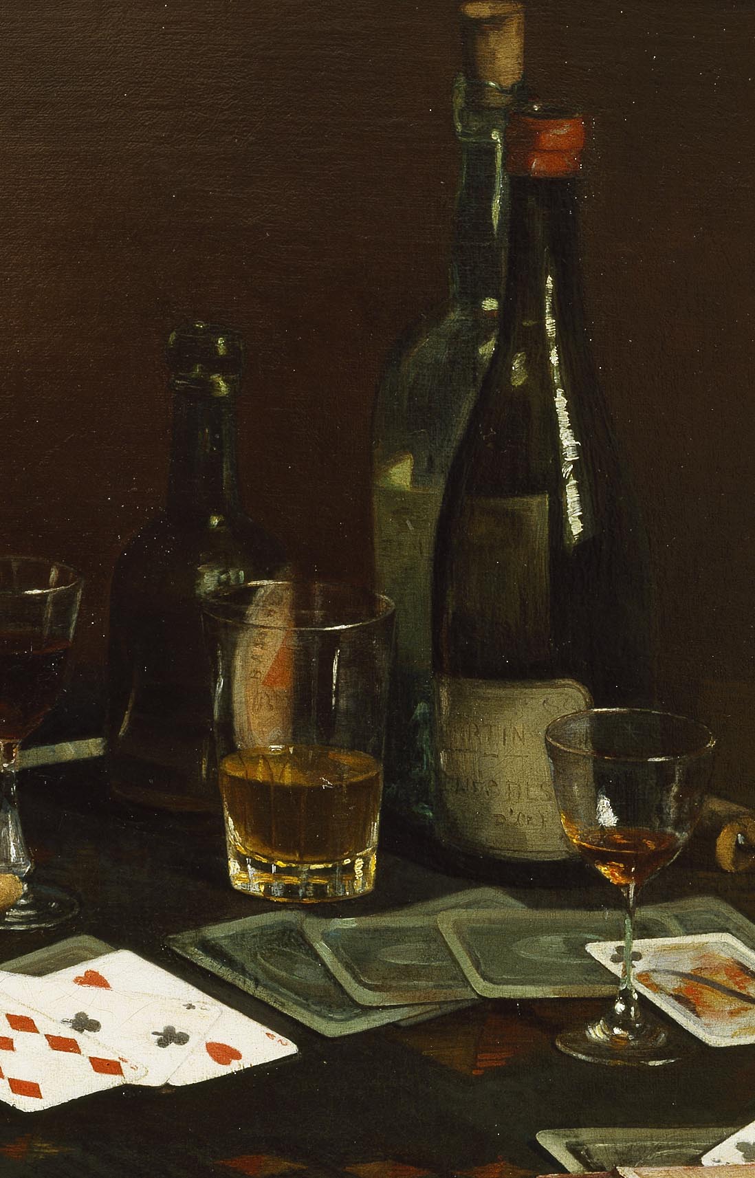 A dark-colored painting's detail featuring three alcohol bottles and three glasses half-full with alcohol on a table. There are a few playing cards facing down or up on the table.