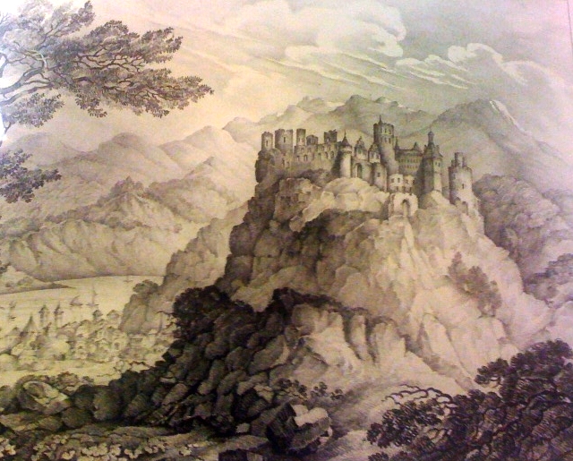 Print of a castle on a hill.