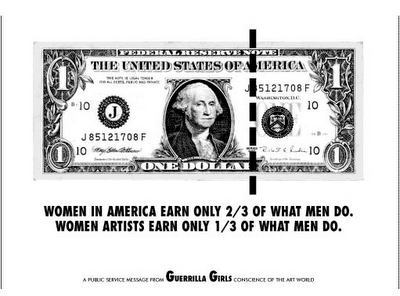 Photolithograph of a one-dollar bill with the text underneath reading "Women in America early only 2/3 of what men do."