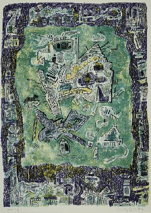 A rectangular print with shades ot teal, yellow, and black.
