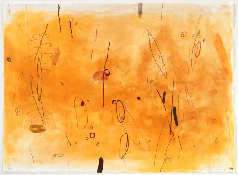Goldenrod yellow paint smudged across white paper in layers, creating different levels of opacity. Vertical red and black lines, and a few red and black shape outlines, mostly of tall ovals, are painted sporadically on the paper.