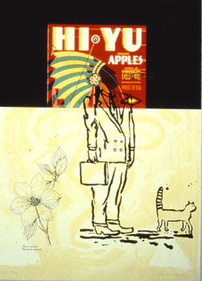 A drawing of a man wearing a suit and holding a briefcase with a cat walking in front of him. To the left is a scientific drawing of a medicine flower. Above the man's shoulders is a magazine cover with a Native American man wearing a headdress. 