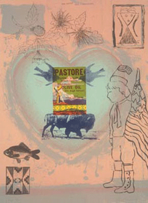 A salmon pink background with a pale blue heart in the middle. Within the heart is an image of a buffalo, two birds, and an olive oil advert. On the right side of the heart is a drawing of a child holding an American flag. Surrounding the heart are various drawings of fish, indigenous textiles, and flora and fauna.