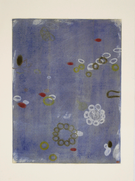 Blue paint layered in differing opacities in vertical strokes, forming a blue rectangle surrounded by a thick, white border. In the blue rectangle are small white, green, and red circles and flowers made of circles.