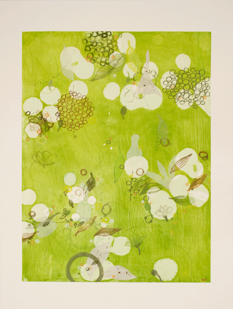 A chartreuse rectangle framed in a thick, white border. Within the rectangle are white circles, grey and brown sketches of leaves floating on the wind, small sketched flowers, and clusters of circles evoking flowers.