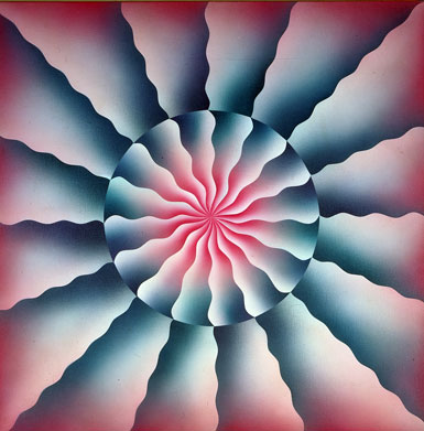 A square painting with red, faded edges. The center comprises a circle with identical wavy lines emanating from the center in gradients of white, navy, and red. More wavy, gradient lines emerge from the circle, extending to the borders of the work.