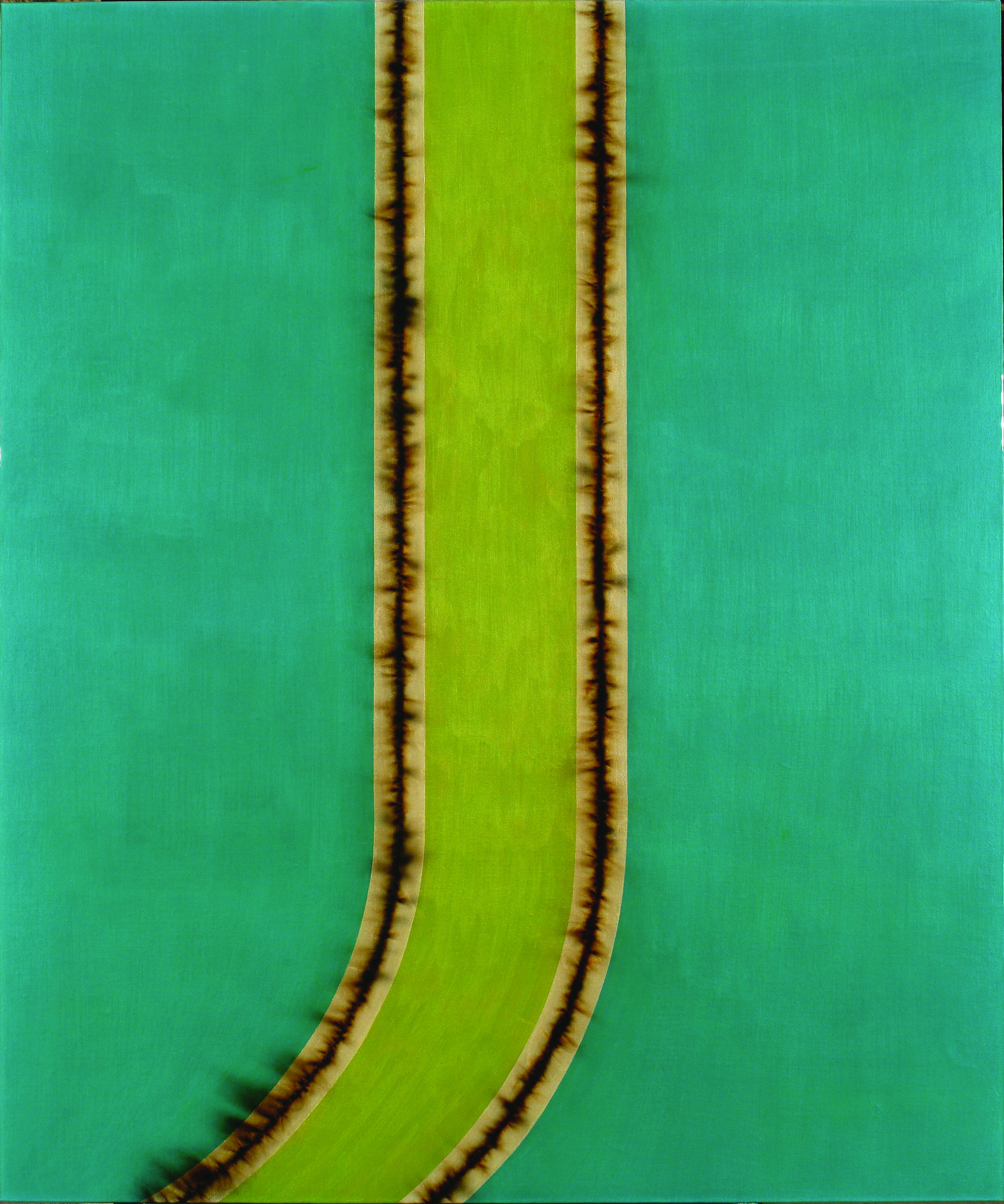 A rectangular, vertical, teal painting split down the middle by a thick chartreuse line that curves left toward the bottom. On either side of the chartreuse line are slimmer, off-white lines with lines of smudged black down the center of each off-white line.