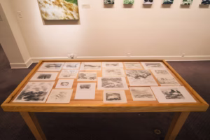 Gallery view showing a table with drawings on it.