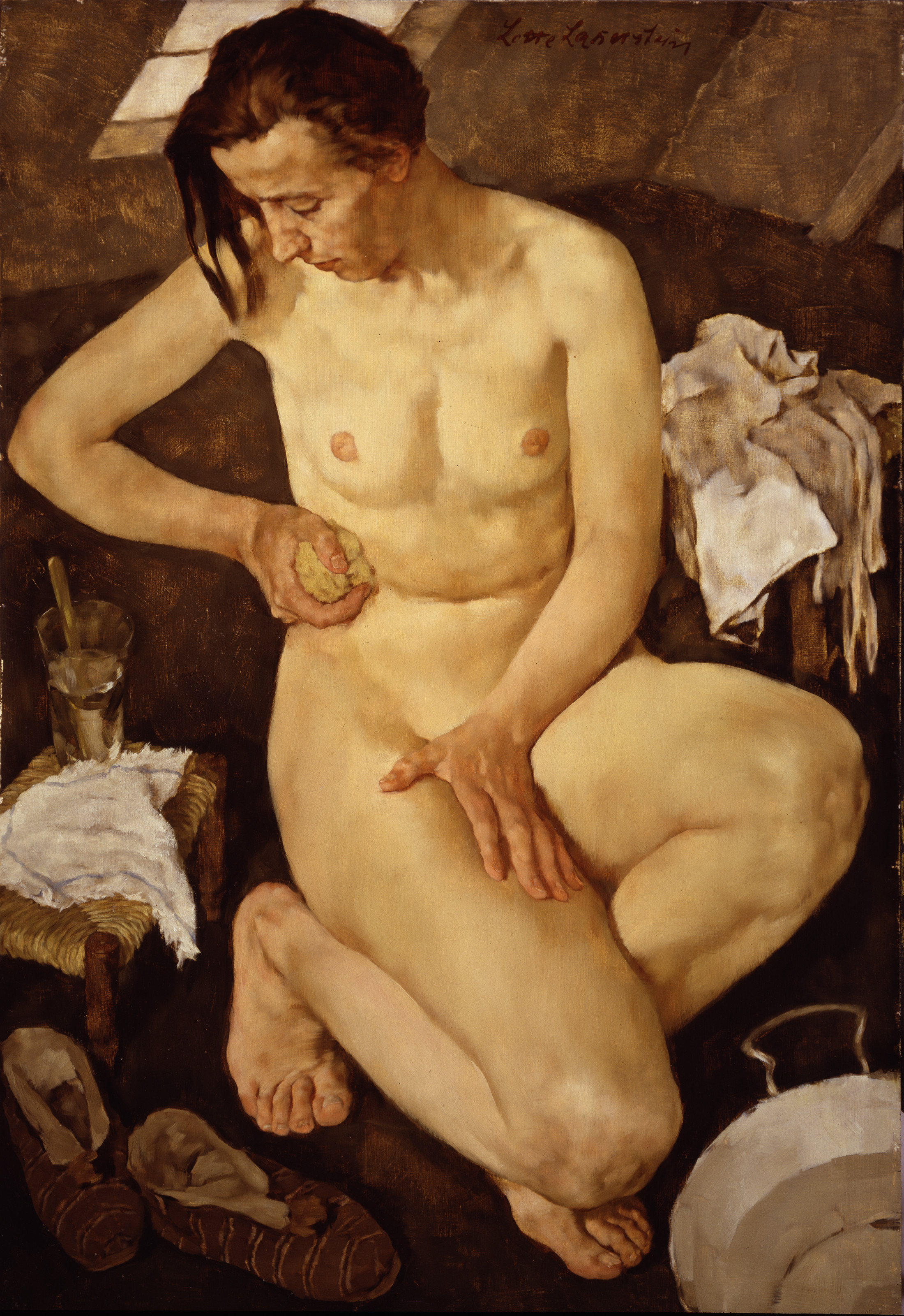 A light-skinned adult woman crouches near a small washtub and sponges her torso. One small bench holds a washcloth and water glass while garments rest on another. Posed within a cramped attic room and viewed from above, her body dominates the canvas and appears too large for the space.