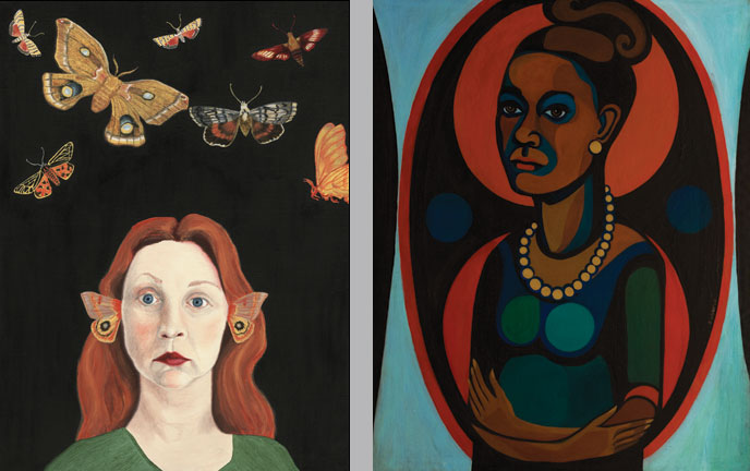 The artists' self-portraits encapsulate their differing styles; Left: Audrey Niffenegger, Moths of the New World, 2005; Courtesy of the artist; Right: Faith Ringgold, Early Works #25: Self-Portrait, 1965; (c) Faith Ringgold, photo Jim Frank