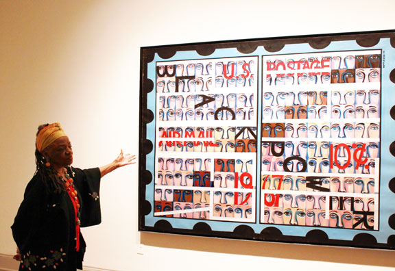 At NMWA, Faith Ringgold discusses her work, including American People Series #19: U.S. Postage Stamp Commemorating the Advent of Black Power, 1967; This work subtly incorporates the words "Black Power" and "White Power"; (c) Faith Ringgold, Courtesy of the artist and ACA Galleries, New York
