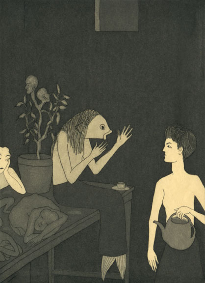 An illustration of a woman with a fish head talking to a man.