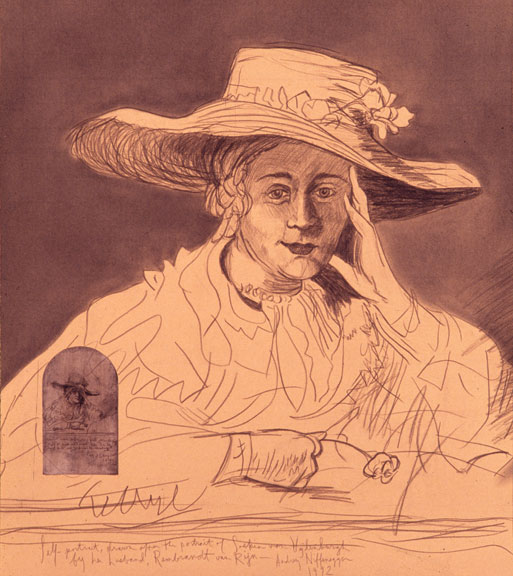 Graphite drawing of a woman with a large hat.