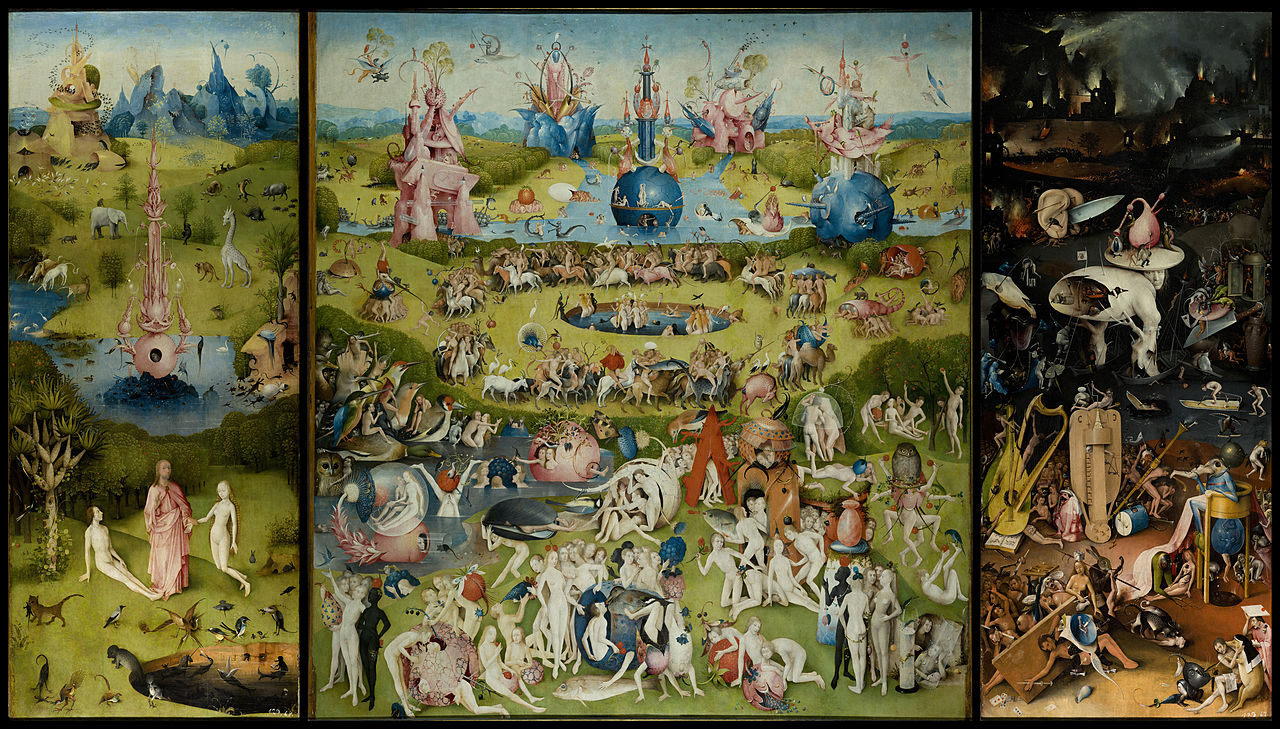 A triptych showing a Garden of Eden scene.