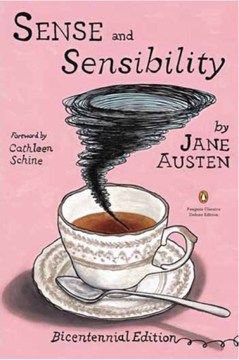 A pink book cover showing a tea cup. The title reads, "Sense and Sensibility."