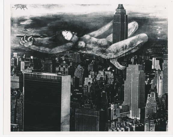 A photo-collage of a woman wrapped around the Empire State building like King Kong.