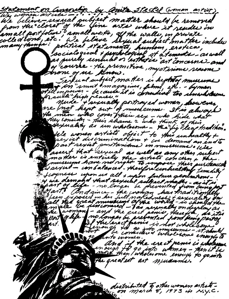 Text on a paper next to an illustration of the Statue of Liberty holding up the gender symbol for women instead of a flame.