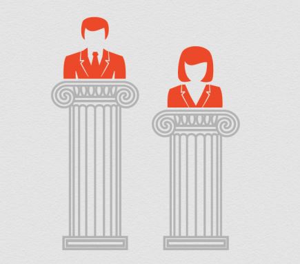 Illustration of a woman and a man in red placed on a column. The woman's column is much lower than the man's.