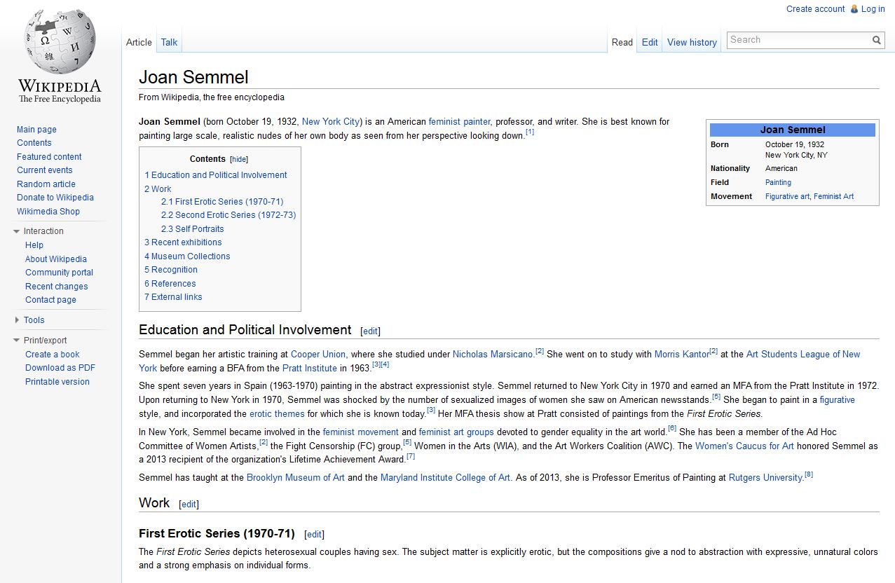 A screenshot of the Wikipedia page of Joan Semmel.