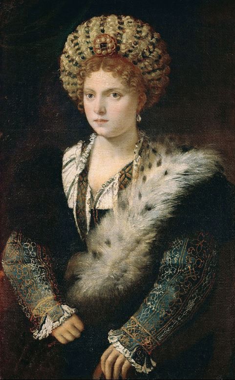 Titian, portrait of Isabella d’Este, ca. 1534-36; click here for more information on her setting in Judy Chicago’s Dinner Party