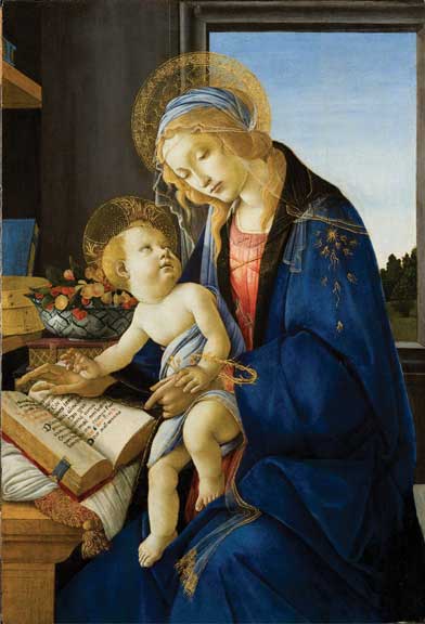 A woman with a halo reading in her study with a baby on her lap.