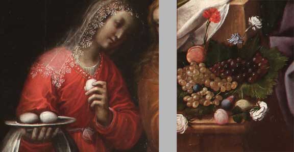 Two close ups of a painting featuring a woman holding eggs and a still life