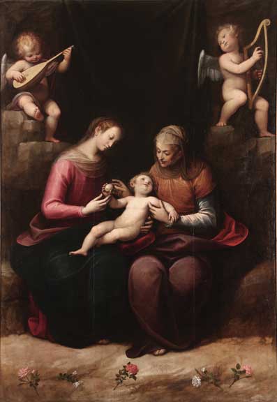 Two women surrounded by angels are holding a baby.