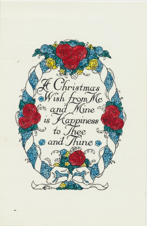 A Christmas card with text and floral ornaments farming it.