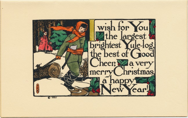 A greeting card featuring a print of a person hauling a tree through the woods and text in large letters.