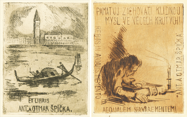 Venice, Ex libris Ant. a Otmar Špička; Drypoint copperplate engraving (left), and Student, Ex libris Ant. a Otmar Špička; Drypoint copperplate engraving (right) 