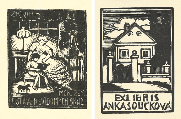 Books for Young People, Ex libris Mor.zem. ústavu nevidomých v Brne; Woodcut engraving (left), and Birthplace, Ex libris Anka Součková; Woodcut engraving (right) 