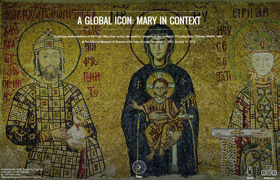 Screenshot of a website featuring a painting of a woman holding a baby and the title "A Global Icon: Mary in Context."