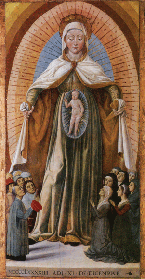 Unknown Artist (The Marches?, ca. late 15th century), Mother of Mercy (Madonna della Misericordia), 1494; Oil on wood panel, 68 1/2 × 35 3/8 in.; Municipality of Gradara, Gradara Castle, Marche Region, Italy
