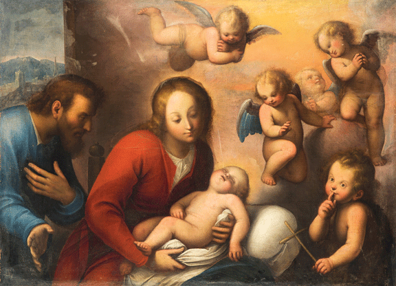 A woman with a red dress is holding a baby. Several angels are flying around it, emanating a golden light.