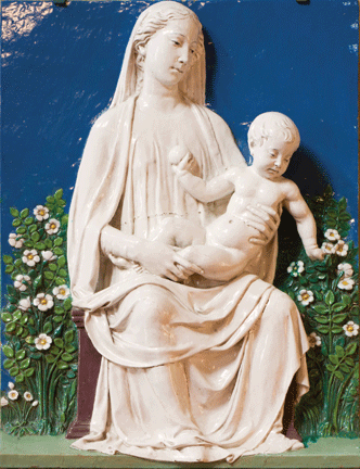 Luca della Robbia, Madonna and Child (Madonna col Bambino), also called Madonna of the Rose Garden (Madonna del Roseto), ca. 1450–60; Glazed terracotta; Museo Nazionale del Bargello, Florence; inv. R031